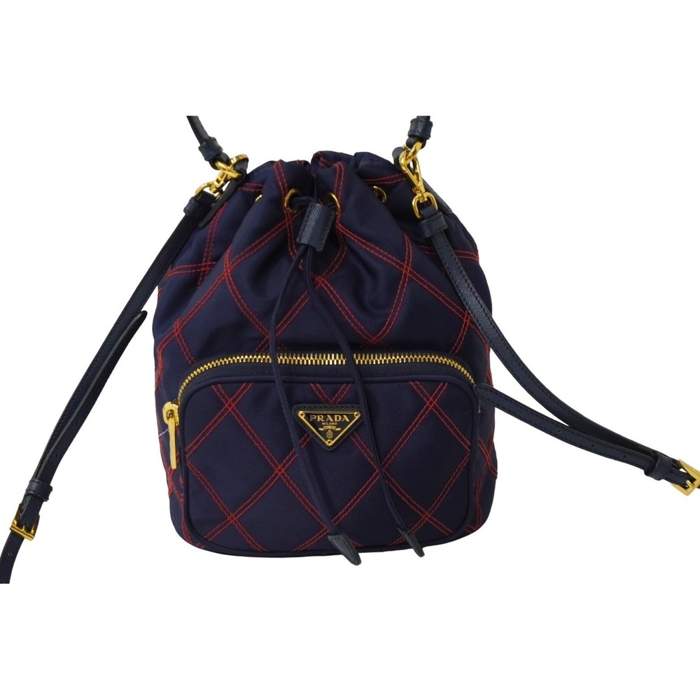 PRADA handbag triangle logo Navy Blue red color stitching drawstring closure - Picture 2 of 10